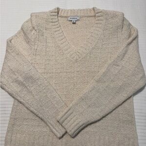 Evereve Women's Cream V-Neck Sweater with gold accents and padded shoulders